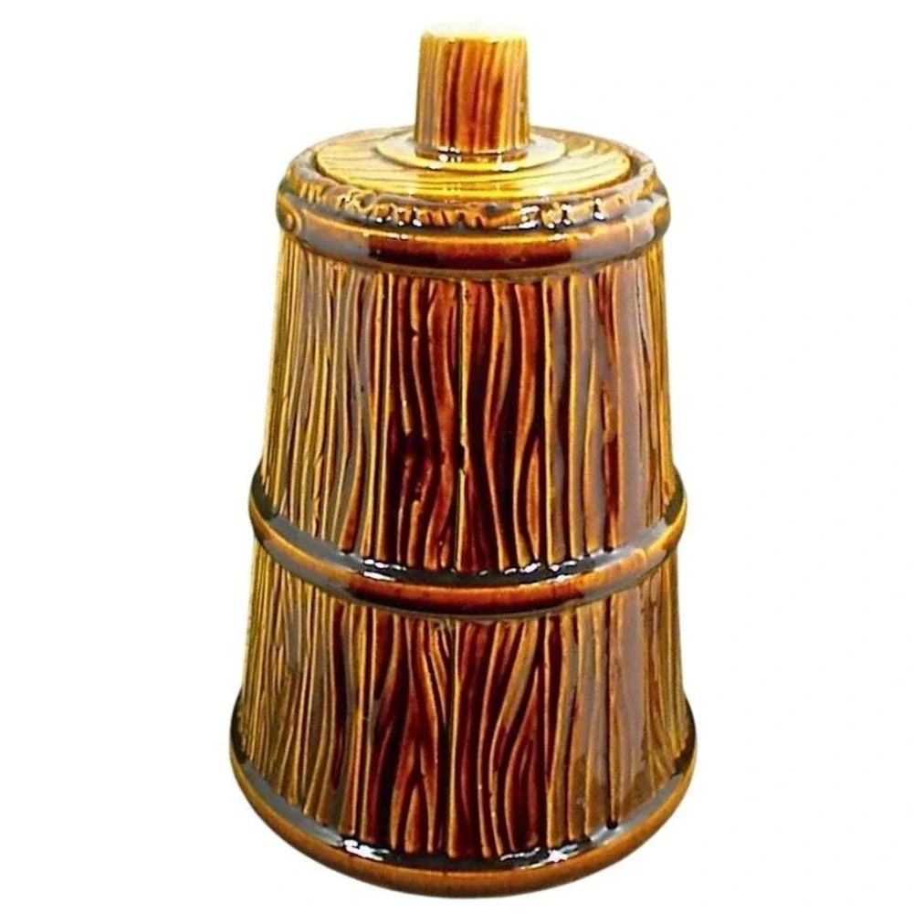 Lane Ceramics USA‎ Vtg Brown Faux Wood Grain Barrel Canister Jar Lid Farmhouse